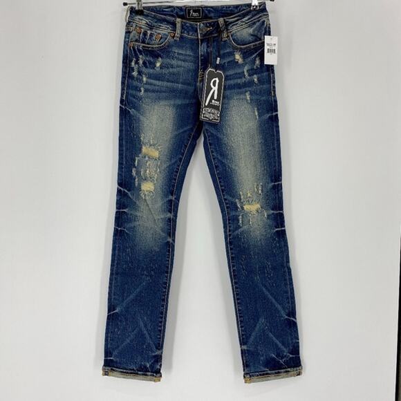 New ROCK REVIVAL REMIX Slim Jeans Size 26 Cuffed Distressed Straight Leg - Picture 1 of 8